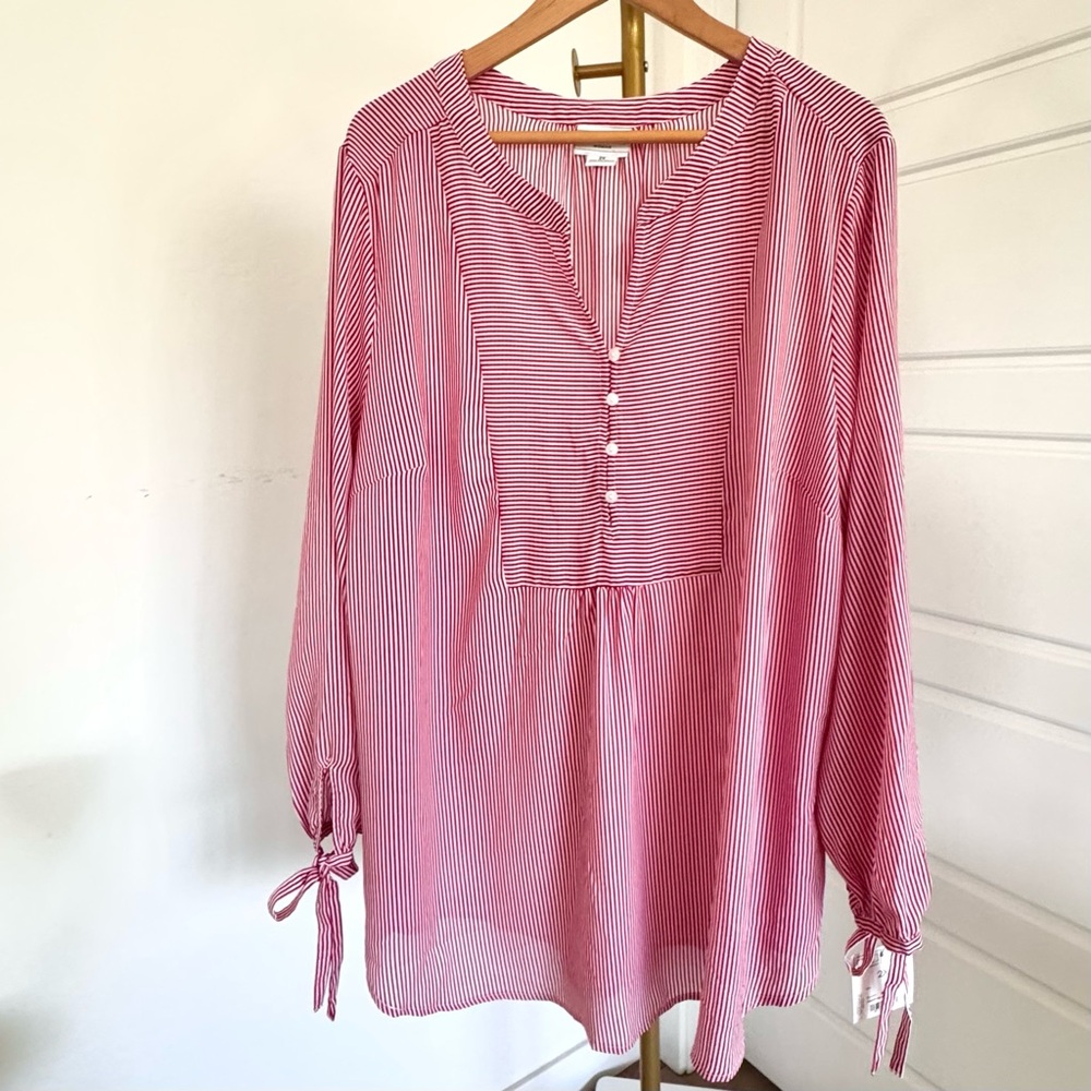 Coquette Boho‎ Chic Red White Stripes Split V Neck 3/4 Sleeves Bows 2X Flowy